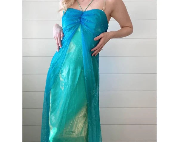 Blue shiny fashion gradient gold spray retro elegant sling long tulle prom dress evening dress party dress gh3458