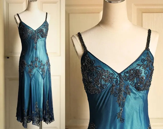 Spaghetti Strap Blue Satin Beaded Midi Dress | Vintage Luxury V-Neck Gown for Gala Gathering gh6460