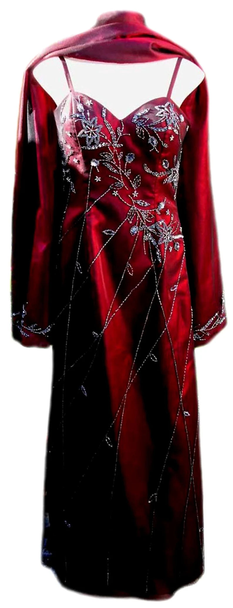 Robe de soirée longue en satin bordeaux magnifique et élégante, style vintage, avec perles, châle assorti, gh3427