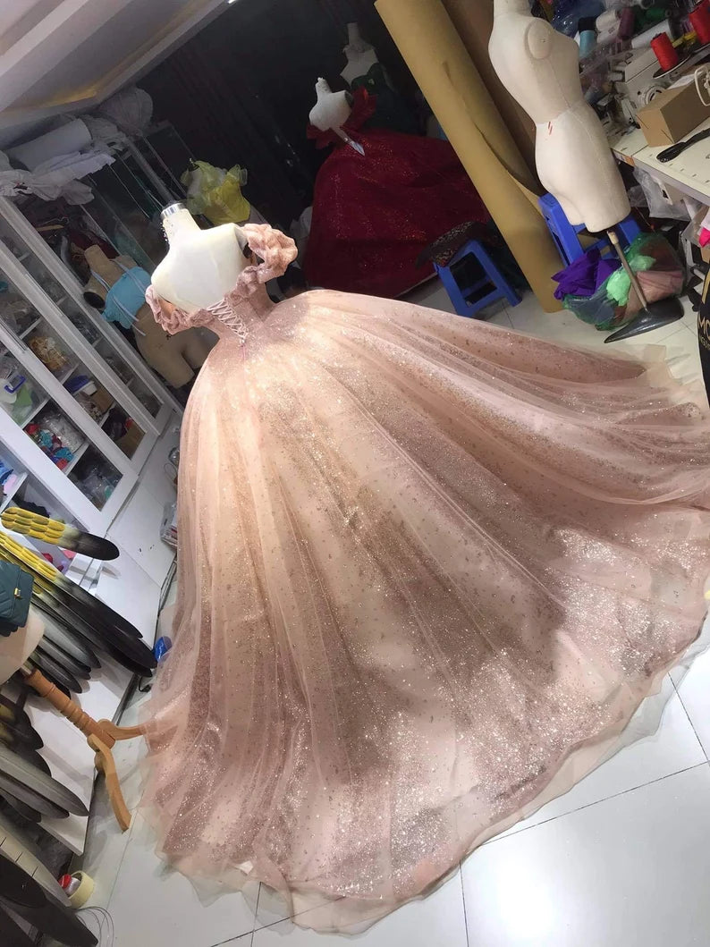 Champagne pink sweet shiny gorgeous elegant long ball gown evening dress princess adult ceremony ball gown gh3115