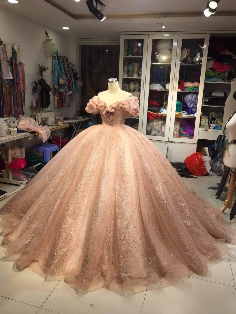 Champagne pink sweet shiny gorgeous elegant long ball gown evening dress princess adult ceremony ball gown gh3115