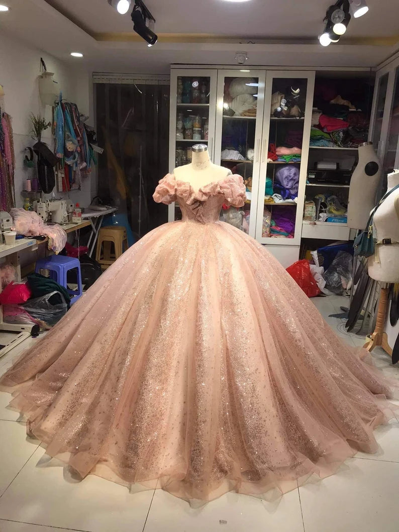 Champagne pink sweet shiny gorgeous elegant long ball gown evening dress princess adult ceremony ball gown gh3115