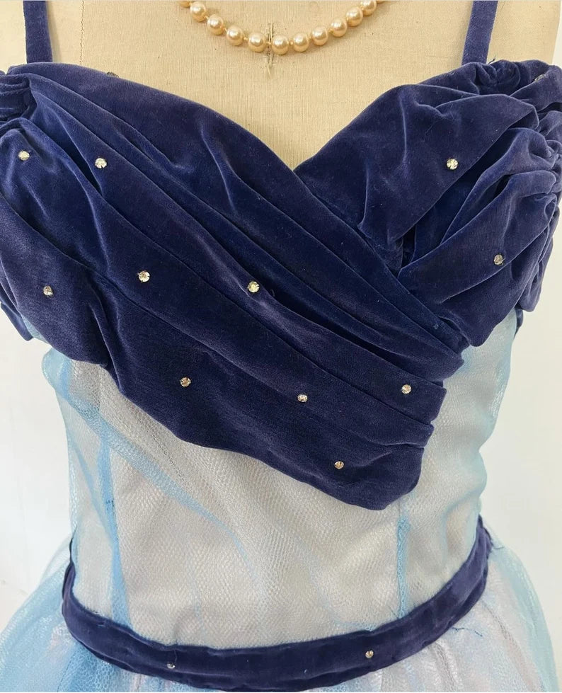 Blue cute sweet delicate beaded spaghetti straps long tulle prom dress evening dress party dress homecoming dress gh3488