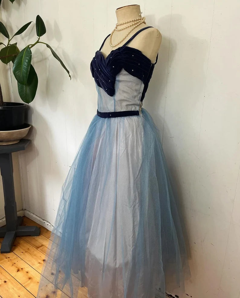 Blue cute sweet delicate beaded spaghetti straps long tulle prom dress evening dress party dress homecoming dress gh3488