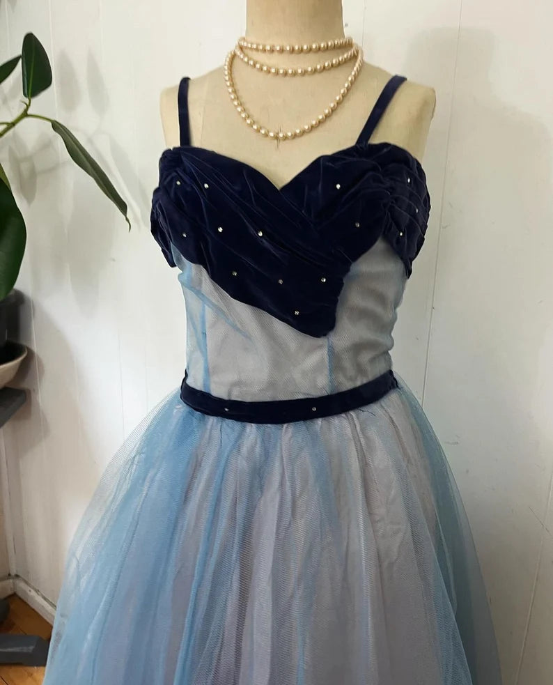 Blue cute sweet delicate beaded spaghetti straps long tulle prom dress evening dress party dress homecoming dress gh3488