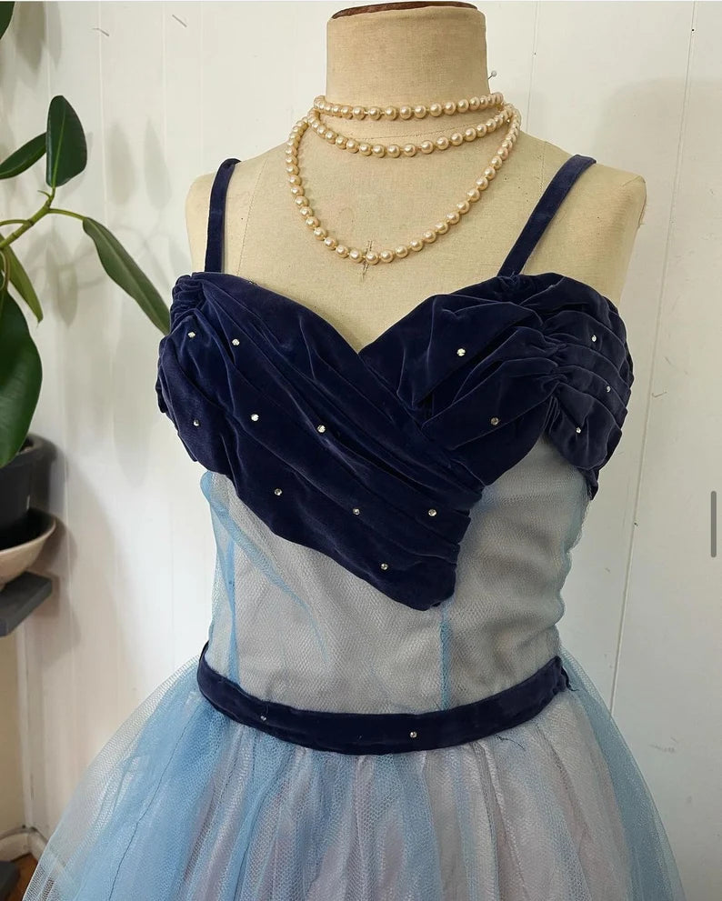Blue cute sweet delicate beaded spaghetti straps long tulle prom dress evening dress party dress homecoming dress gh3488