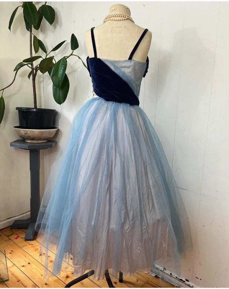 Blue cute sweet delicate beaded spaghetti straps long tulle prom dress evening dress party dress homecoming dress gh3488