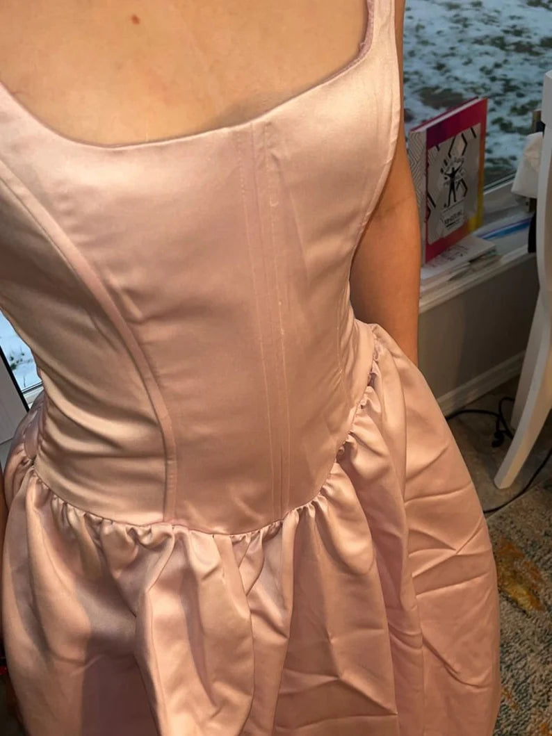 Robe de soirée longue en satin rose clair, style rétro, élégante, col carré, coupe trapèze, robe de princesse, robe de bal, robe de soirée gh3554
