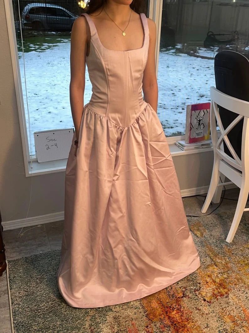 Robe de soirée longue en satin rose clair, style rétro, élégante, col carré, coupe trapèze, robe de princesse, robe de bal, robe de soirée gh3554