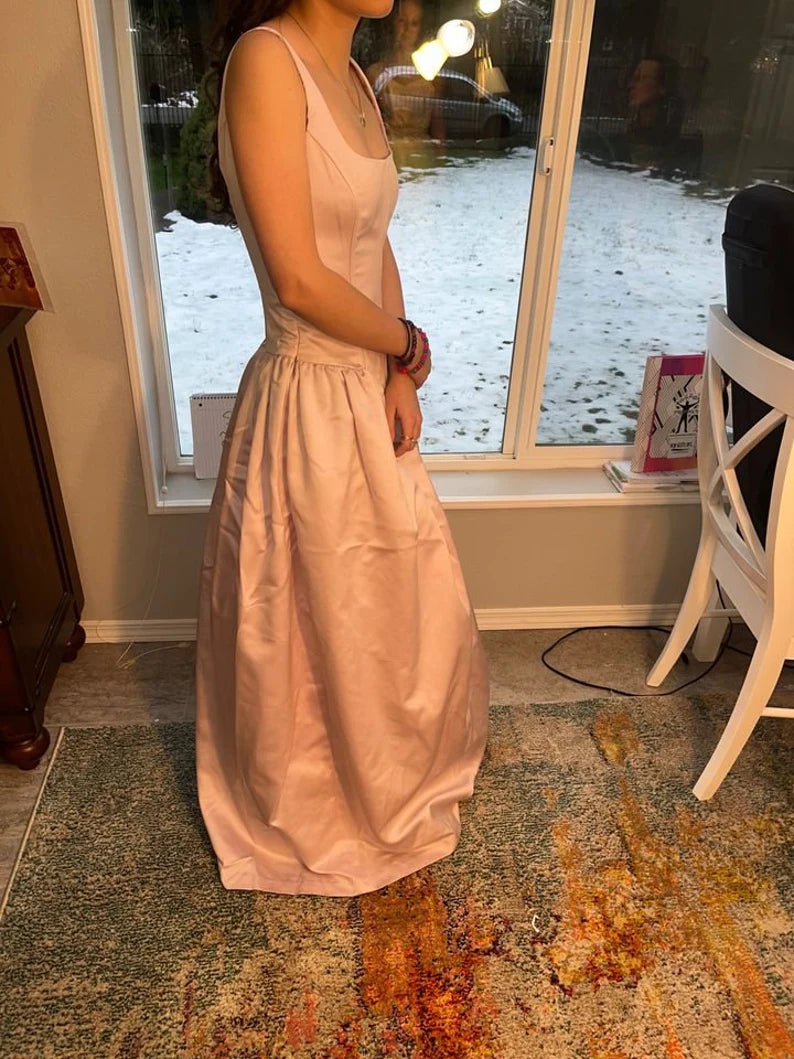 Robe de soirée longue en satin rose clair, style rétro, élégante, col carré, coupe trapèze, robe de princesse, robe de bal, robe de soirée gh3554