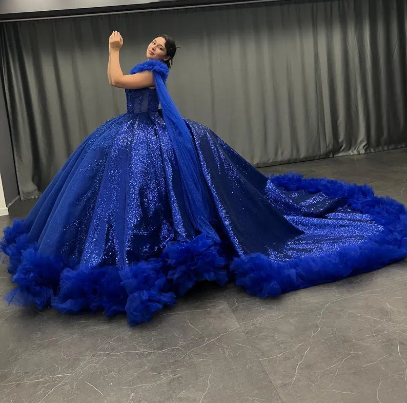 Robe de soirée longue et élégante en tulle bleu, magnifique et exquise, avec perles, gh3582