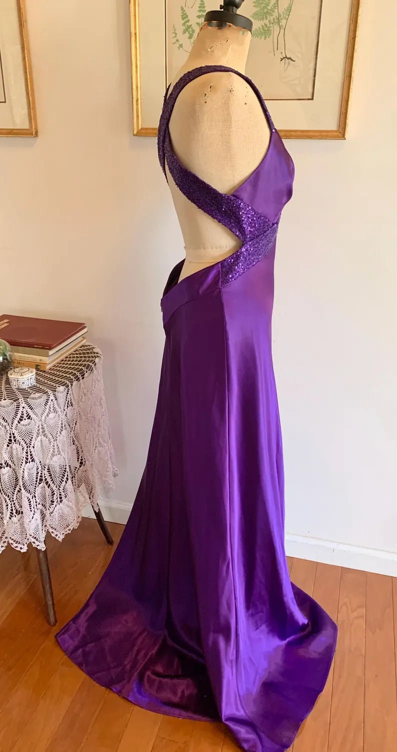 Lila Retro-Mode V-Ausschnitt Elegant Exquisite Pailletten Langes Bodenlanges Satin Ballkleid Abendkleid Party; Kleid gh3448