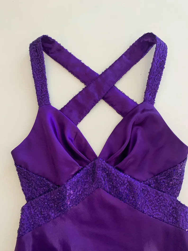 Lila Retro-Mode V-Ausschnitt Elegant Exquisite Pailletten Langes Bodenlanges Satin Ballkleid Abendkleid Party; Kleid gh3448