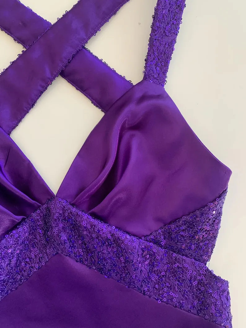 Lila Retro-Mode V-Ausschnitt Elegant Exquisite Pailletten Langes Bodenlanges Satin Ballkleid Abendkleid Party; Kleid gh3448