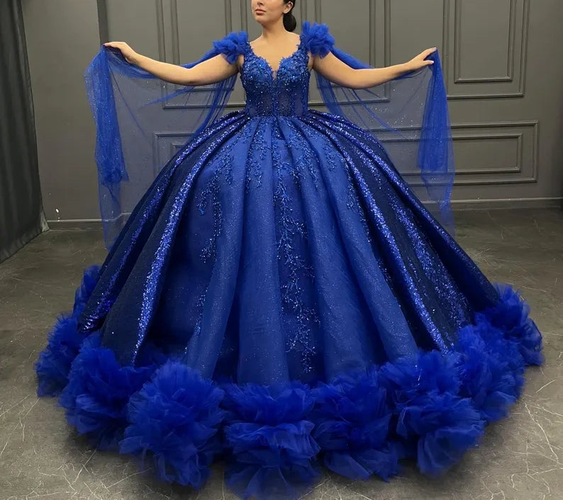 Robe de soirée longue et élégante en tulle bleu, magnifique et exquise, avec perles, gh3582