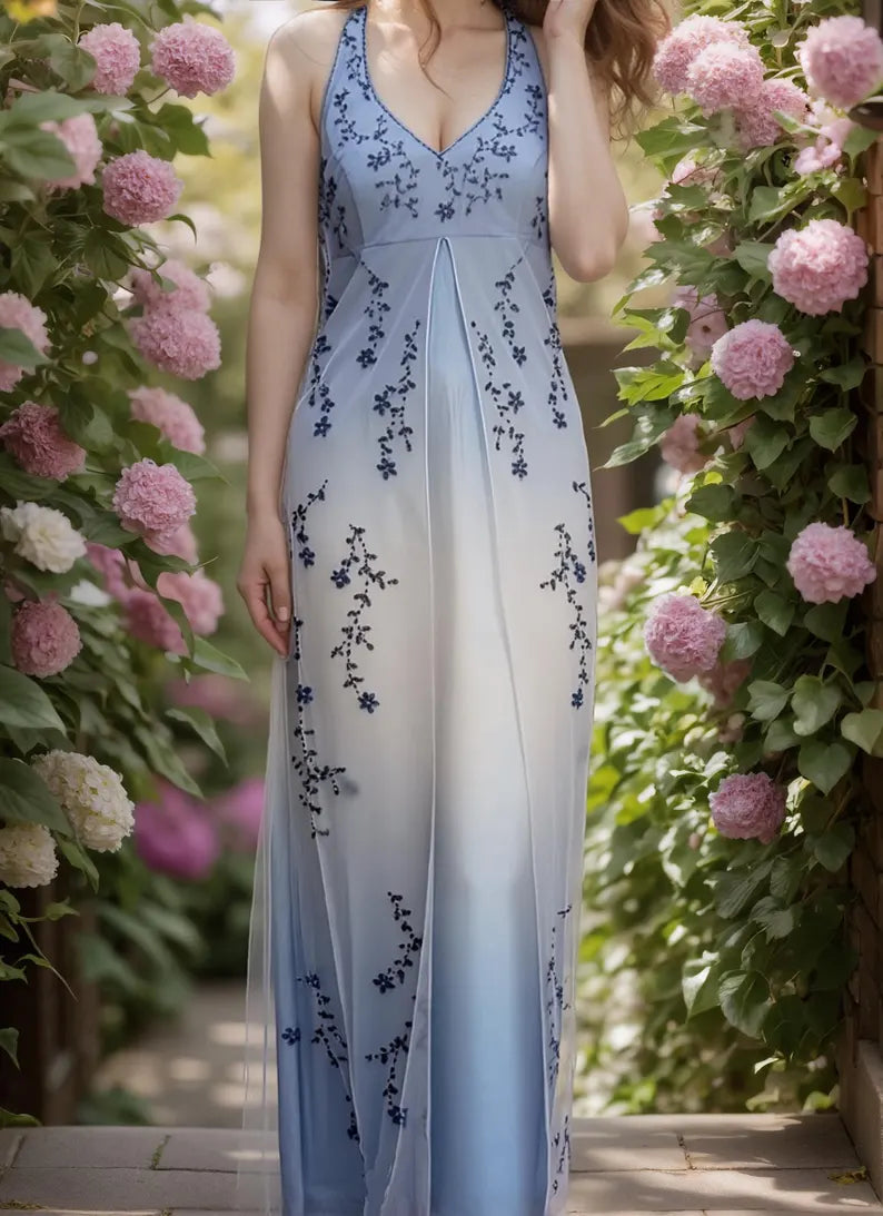 Girlhomeshops – Blau-weißes, exquisites, florales Trägerkleid, modisches, langes, bodenlanges Tüll-Ballkleid, Abschlussballkleid, gh5520