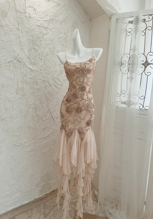 Robe de soirée longue en mousseline de soie rose clair à volants et motif floral, tenue de fête d'anniversaire, gh4587