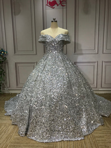 Robe de soirée longue argentée à paillettes et épaules dénudées, robe de mariée princesse, longueur au sol, robe de bal, gh3445