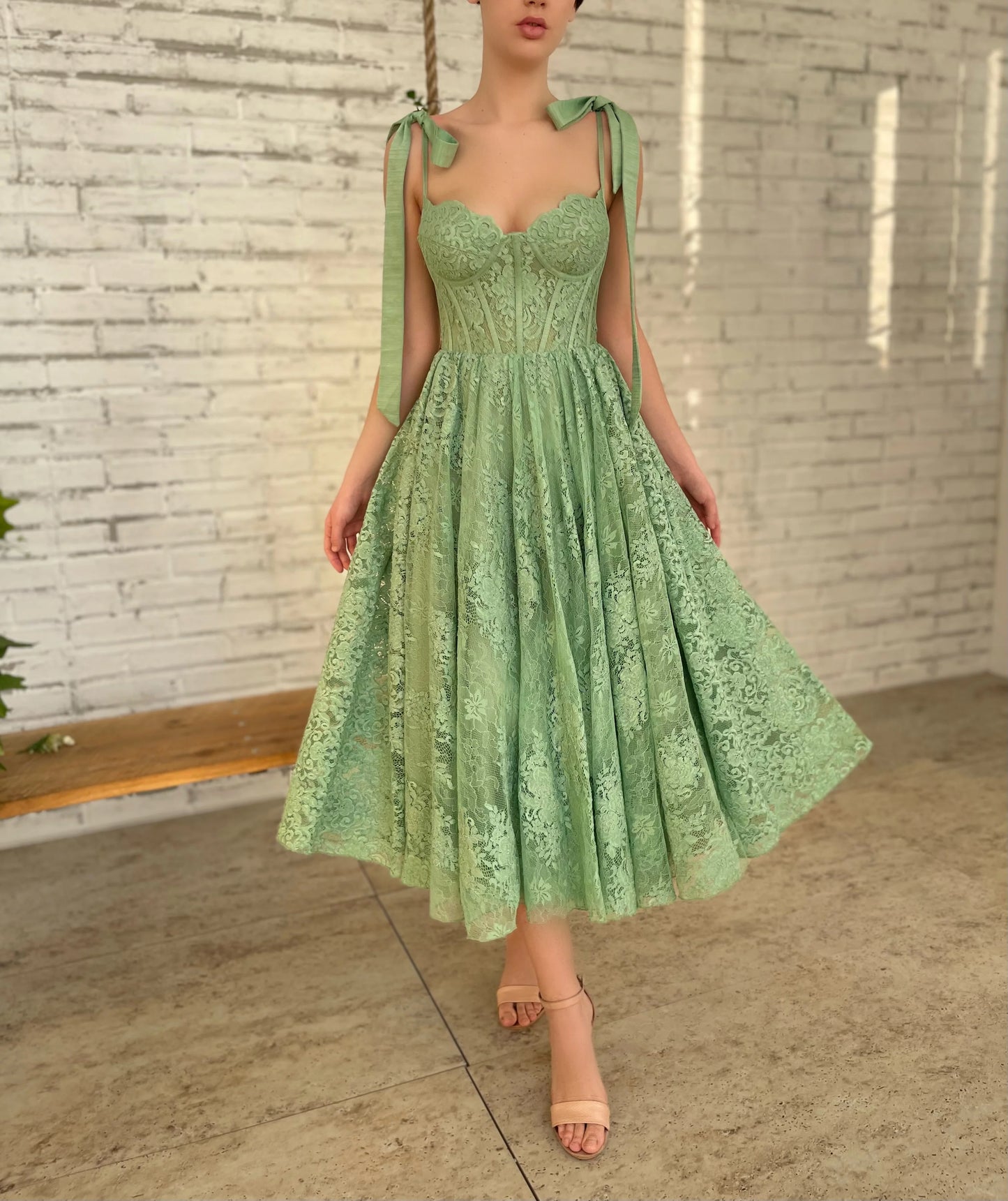 Sage Green Short/Mid-Length Lace Corset Homecoming Dress Party Dress Wedding Guest Dress Prom Dress gh1821