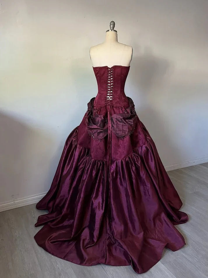 girlhomeshops-- Burgundy vintage long satin dress gh5727