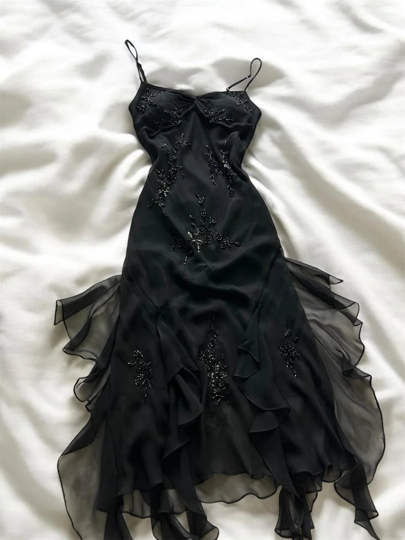 Girlhomeshops - Robe de soirée longue noire à perles, élégante et raffinée, style rétro, idéale pour un bal de promo ou une remise de diplôme, gh5972