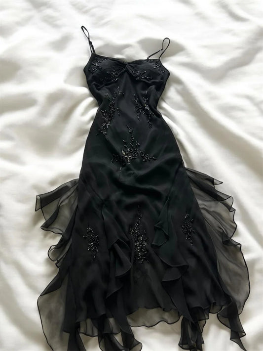 girlhomeshops-Black Exquisite Beaded Fairy Dress Elegant Long Prom Dress Retro Formal Graduation Dress Evening Dress gh5972