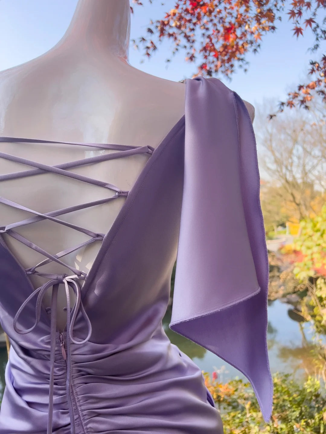 Robe de soirée longue/courte en satin violet fluide, robe de bal, robe de fête d'anniversaire, robe de soirée gh4408