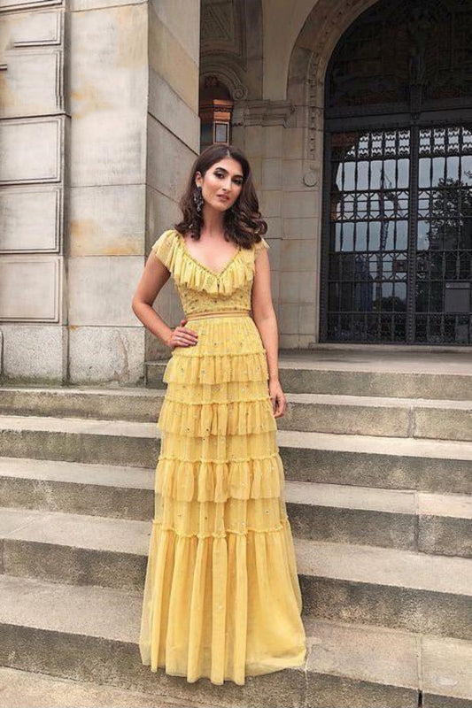 Robe de soirée longue en tulle à volants et col en V, unique et tendance, jaune, gh2786