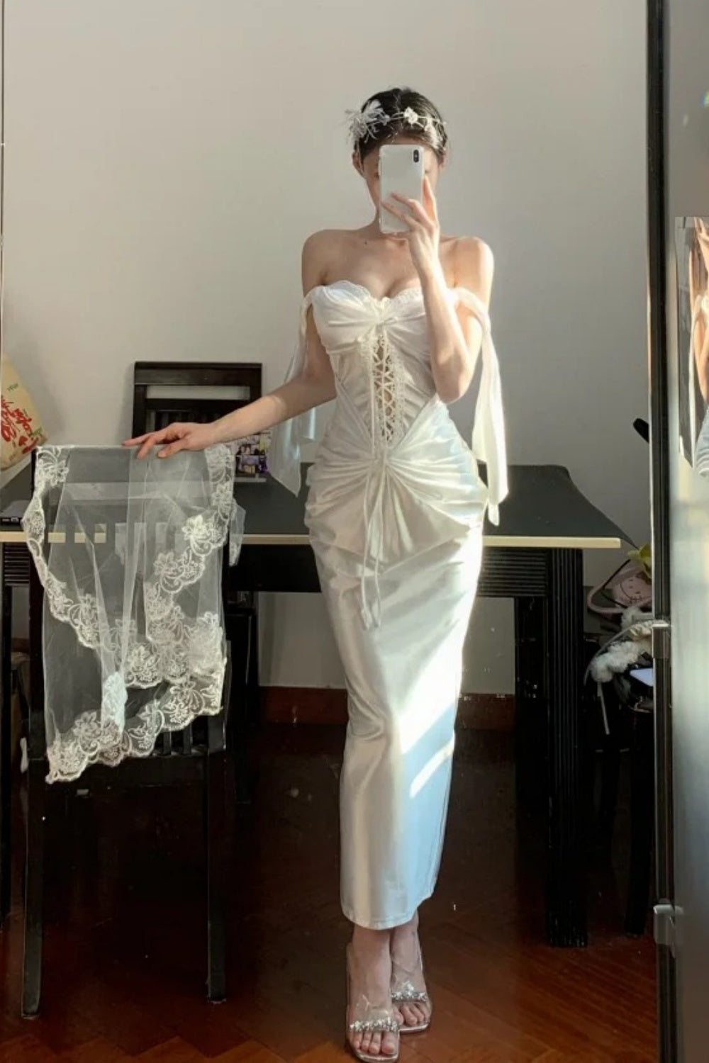 Robe longue élégante blanche à motif chevrons, robe de bal, robe de remise de diplôme, robe de soirée gh6630