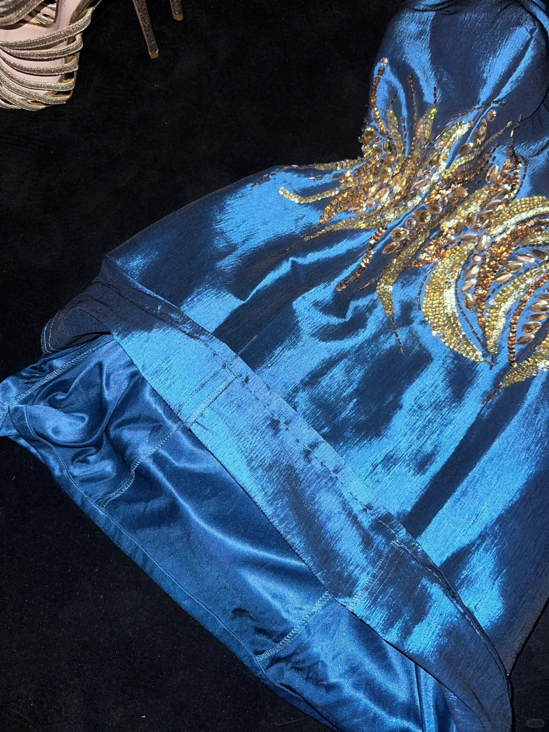 Blue gold beaded sequined gorgeous short homecoming dress satin party dress birthday dress gh4459