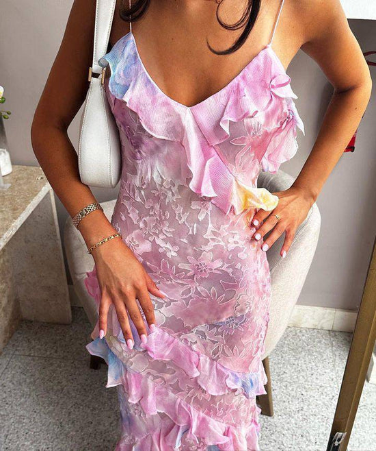 Ruffled Layers Spaghetti Strap Pink Maxi Dress