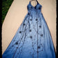 Robe de soirée longue en satin et tulle, élégante et vintage, bleue, avec bretelles et perles, gh3837