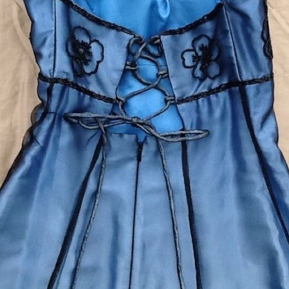 Robe de soirée longue en satin et tulle, élégante et vintage, bleue, avec bretelles et perles, gh3837