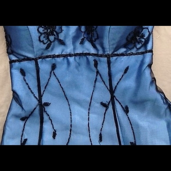 Robe de soirée longue en satin et tulle, élégante et vintage, bleue, avec bretelles et perles, gh3837