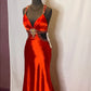 Robe de soirée longue en satin rouge magnifique et brillante, exquise, dos nu, longue et élégante, avec traîne au sol, gh3545