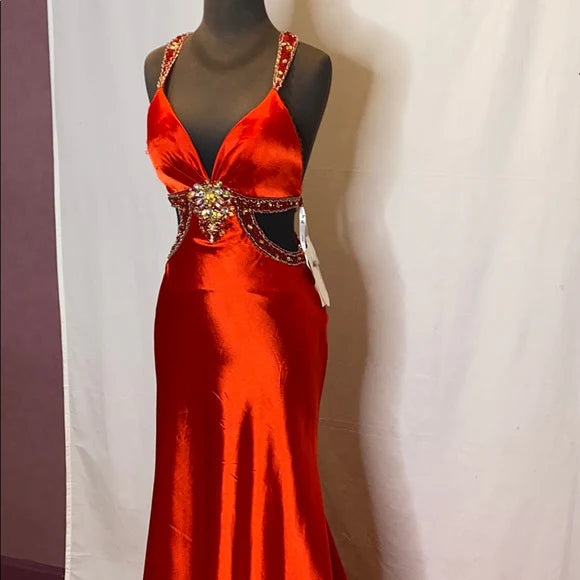 Robe de soirée longue en satin rouge magnifique et brillante, exquise, dos nu, longue et élégante, avec traîne au sol, gh3545