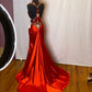 Robe de soirée longue en satin rouge magnifique et brillante, exquise, dos nu, longue et élégante, avec traîne au sol, gh3545