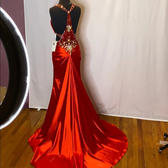 Robe de soirée longue en satin rouge magnifique et brillante, exquise, dos nu, longue et élégante, avec traîne au sol, gh3545