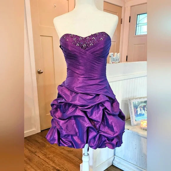 Purple Shiny Fashion Ruffled Exquisite Beading Short satin Homecoming Dress Evening Dress Birthday Party Dress gh3566