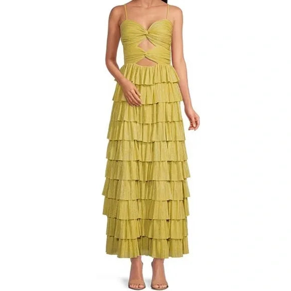 Yellow stylish elegant spaghetti straps long satin tiered ball gown formal evening dress party dress gh3655