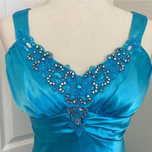 Blue vintage fashion exquisite beaded straps long backless satin ball gown evening dress party dress gh3473