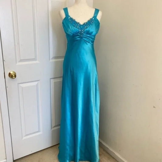 Blue vintage fashion exquisite beaded straps long backless satin ball gown evening dress party dress gh3473