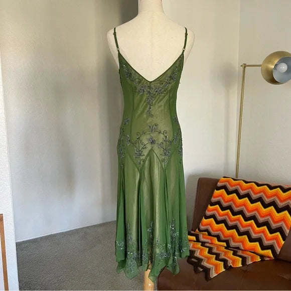 Robe longue en mousseline de soie, élégante et exquise, verte, vintage, brodée de fleurs, à bretelles, robe de soirée, robe de bal, gh3720