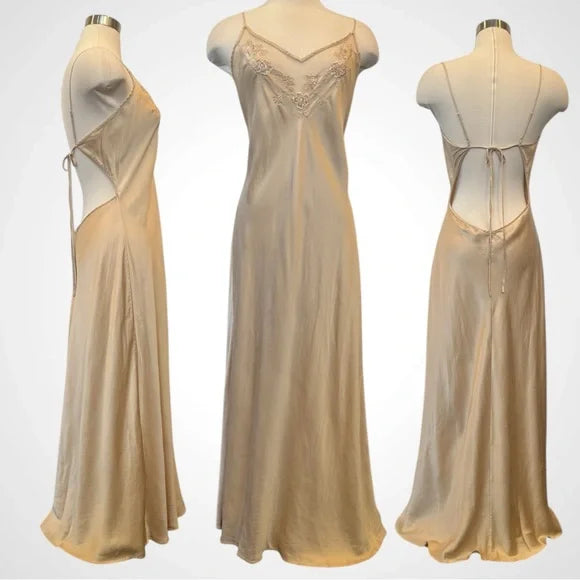 Robe de soirée longue en satin style victorien champagne, broderie florale exquise, bretelles spaghetti, dos nu, robe de bal, gh3924
