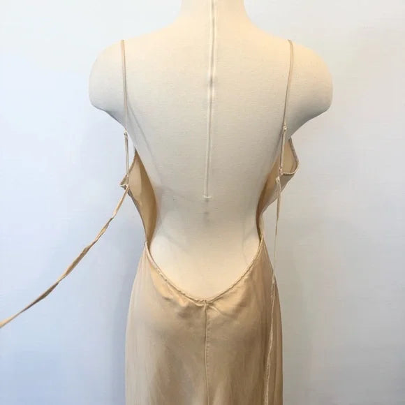 Robe de soirée longue en satin style victorien champagne, broderie florale exquise, bretelles spaghetti, dos nu, robe de bal, gh3924