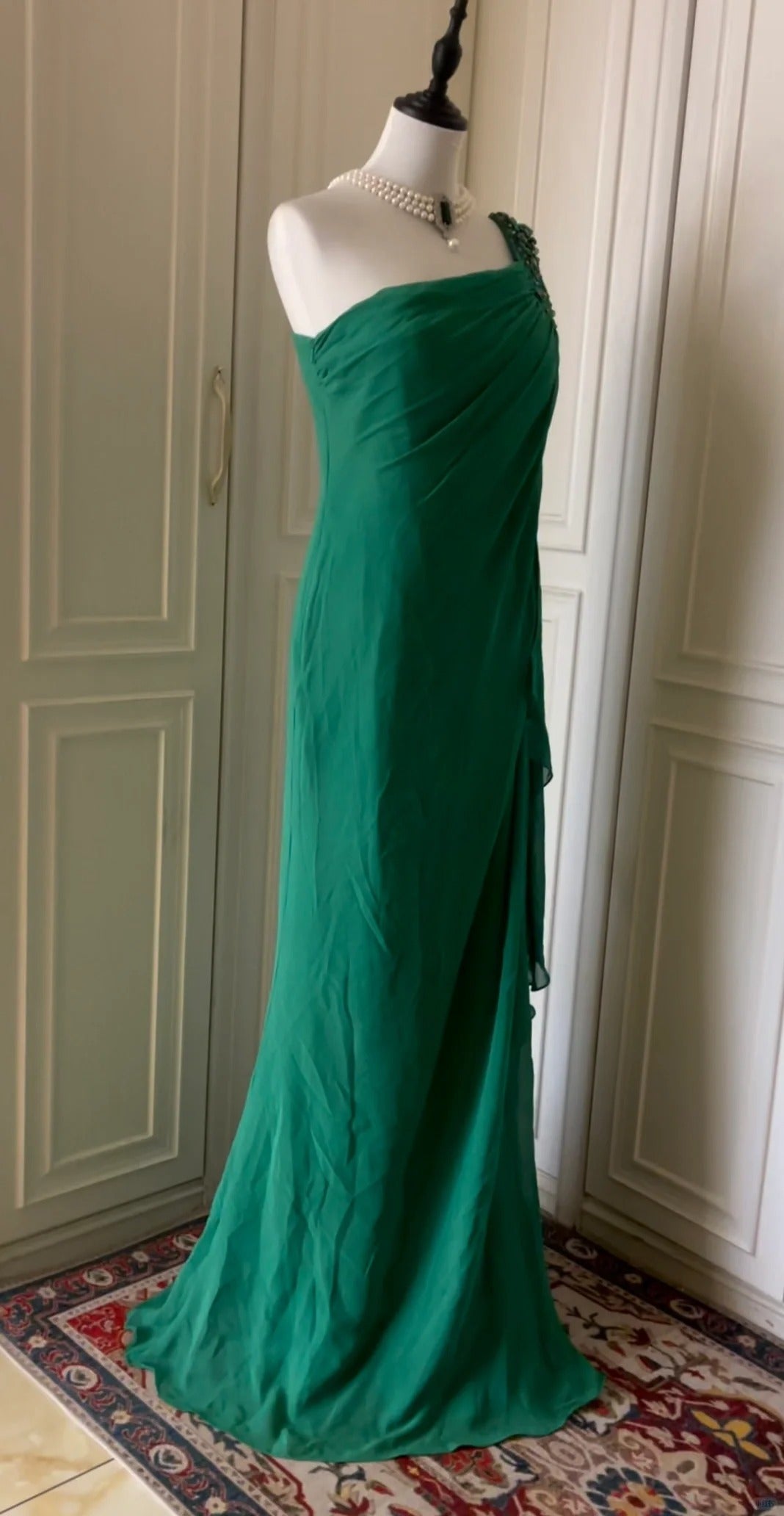 💚Green beaded vintag one shoulder stylish long chiffon wedding guest dress ball gown evening dress gatsby beauty party dress gh4391