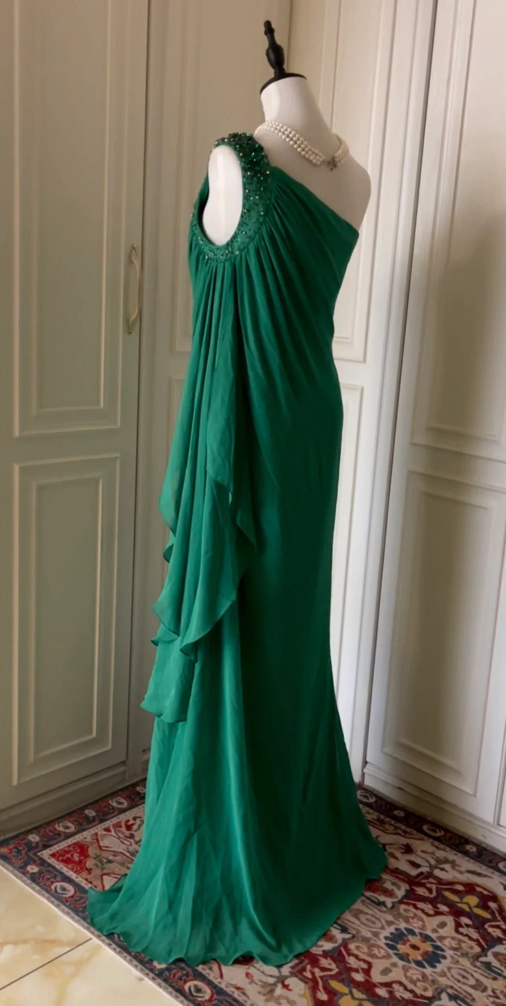 💚Green beaded vintag one shoulder stylish long chiffon wedding guest dress ball gown evening dress gatsby beauty party dress gh4391