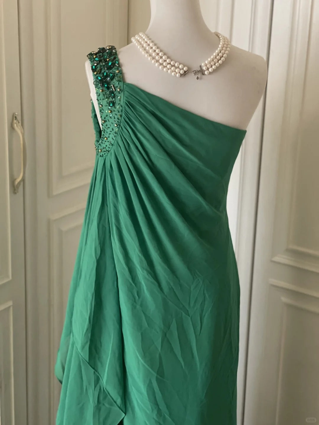 💚Green beaded vintag one shoulder stylish long chiffon wedding guest dress ball gown evening dress gatsby beauty party dress gh4391