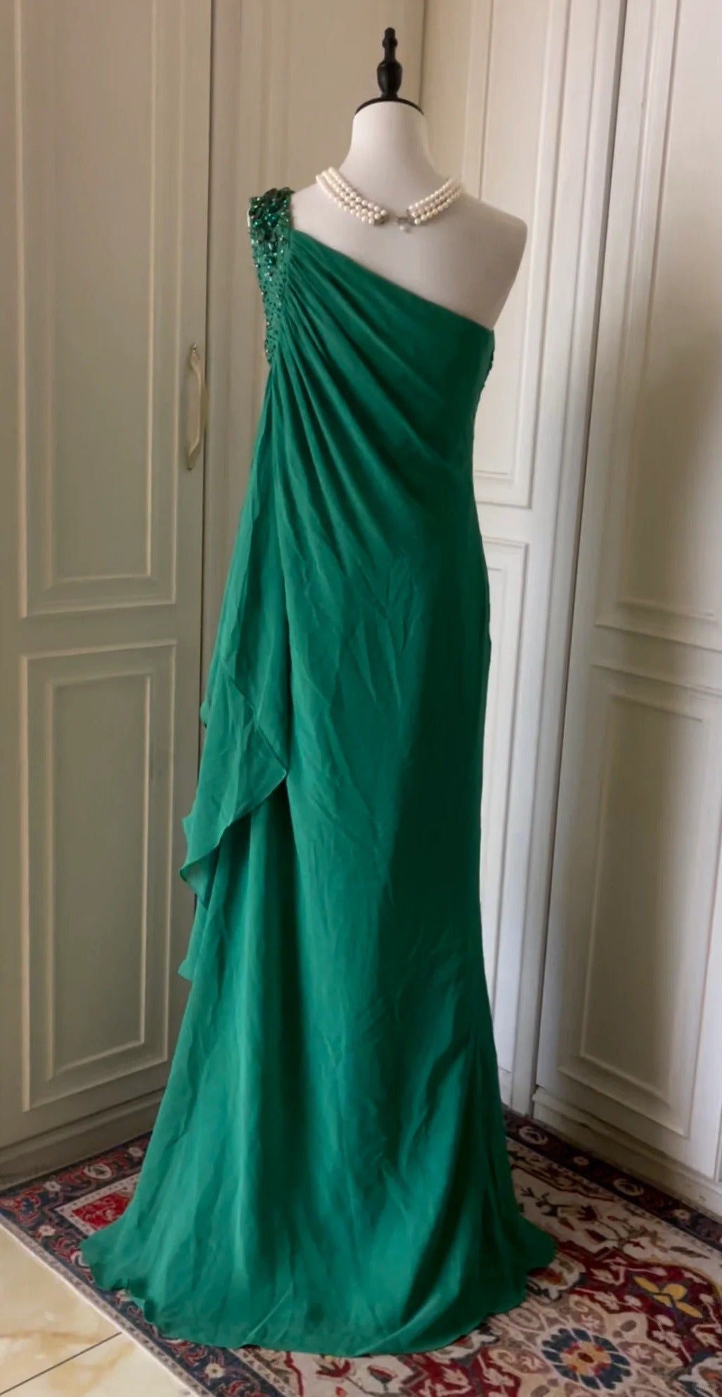 💚Green beaded vintag one shoulder stylish long chiffon wedding guest dress ball gown evening dress gatsby beauty party dress gh4391