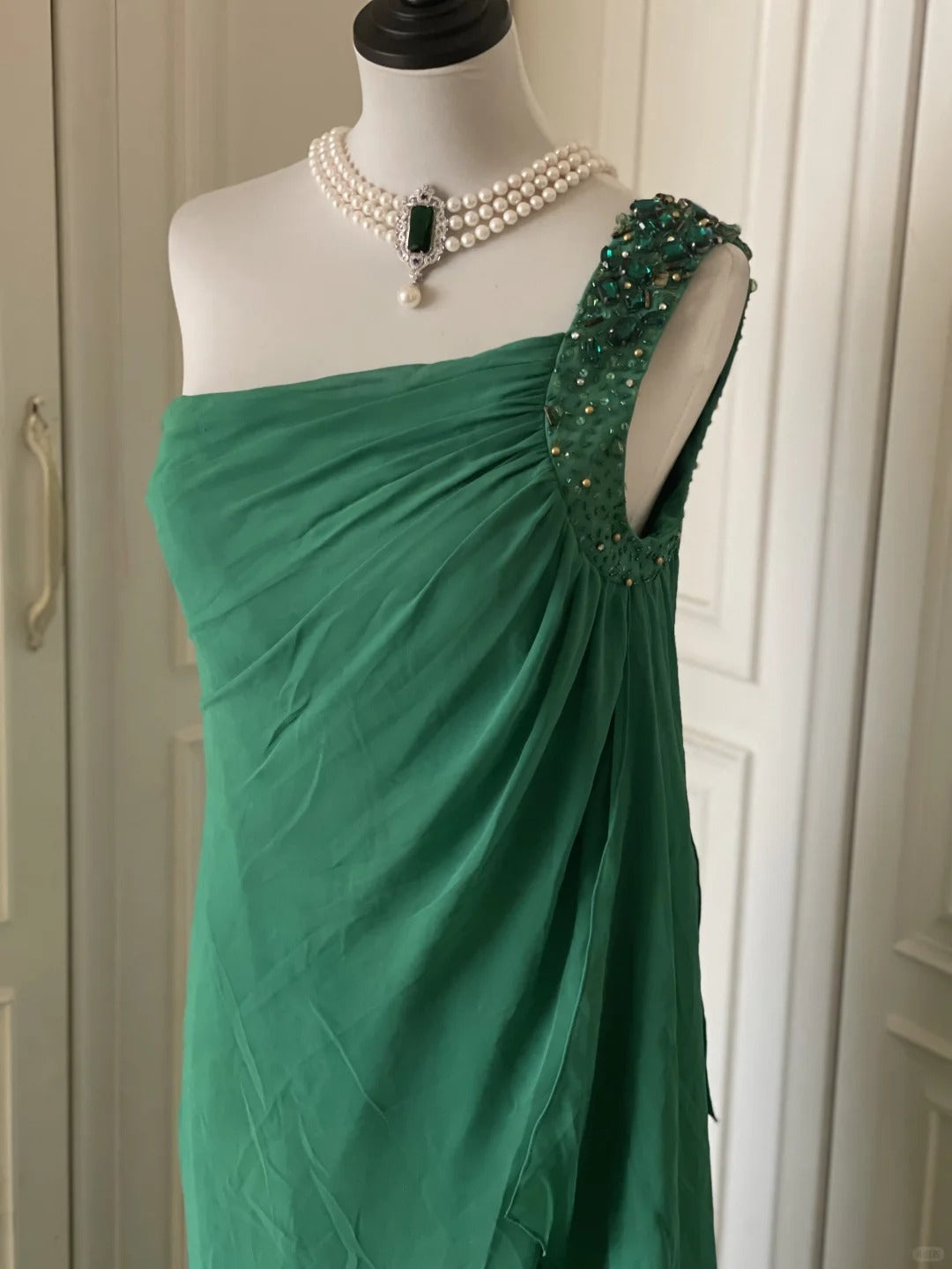 💚Green beaded vintag one shoulder stylish long chiffon wedding guest dress ball gown evening dress gatsby beauty party dress gh4391